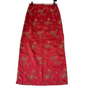 Sunfire Vintage Y2K Satin Midi Skirt Red Asian Brocade Floral Size M Romantic
